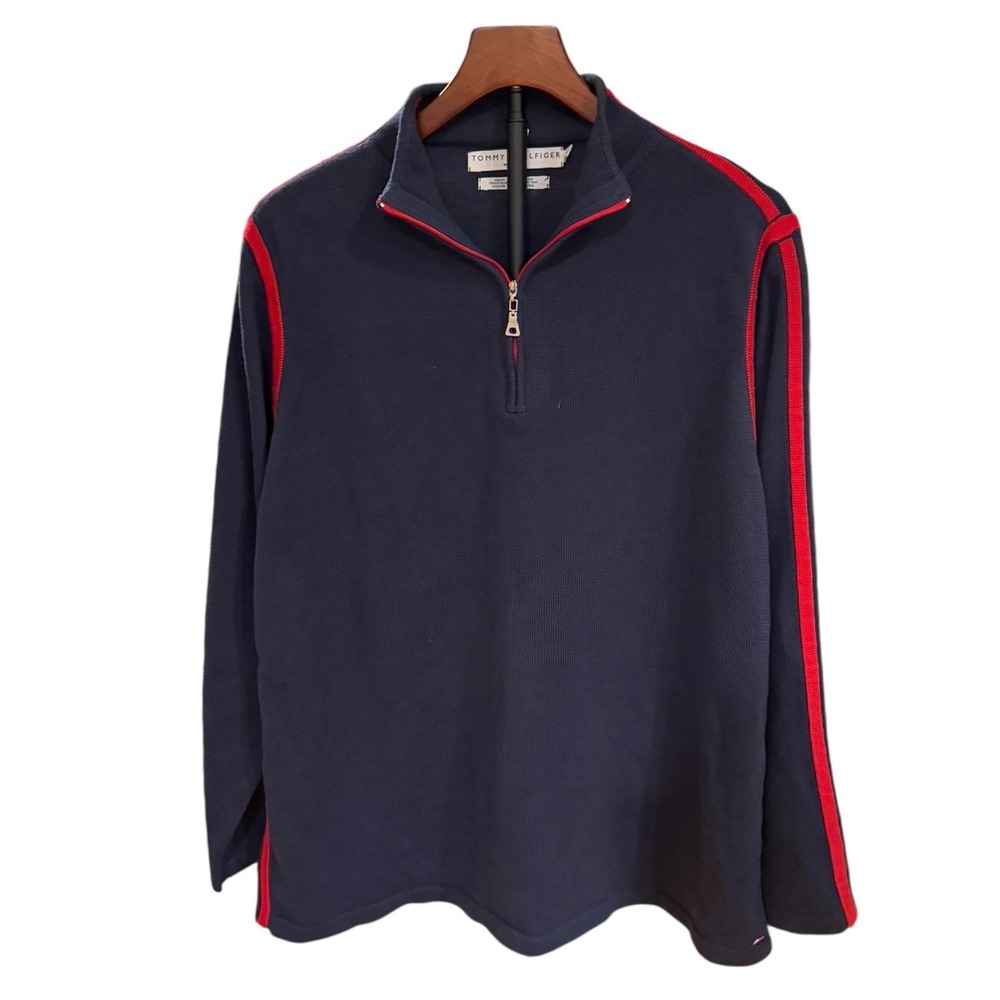 Vtg Y2K Tommy Hilfiger Navy Blue Red Stripe Quarter Zip Cotton Sweater Womens 2X